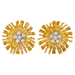 Cartier 1960's Diamond 18K Gold Platinum Vintage Rope Flower Ear-Clip Earrings