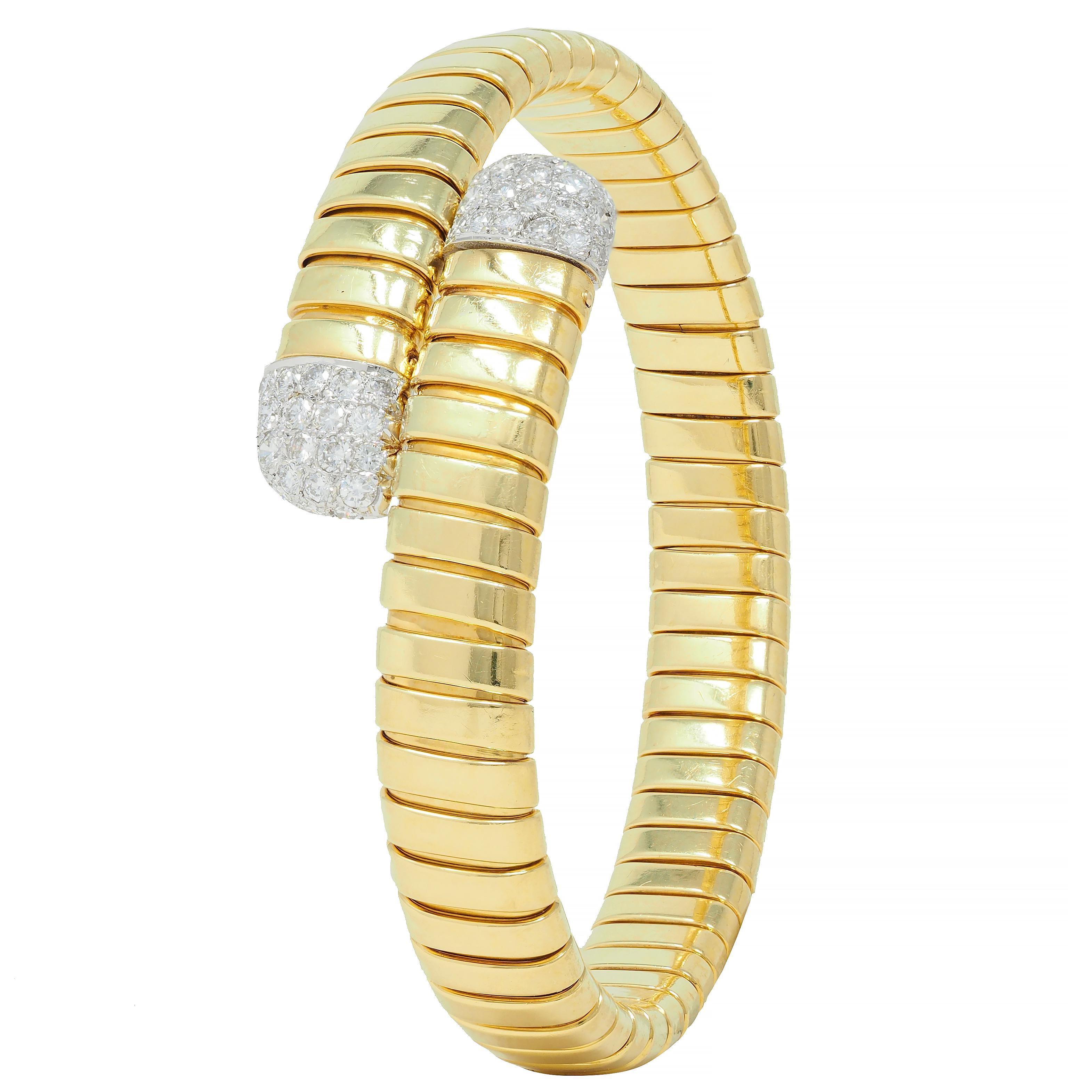 Cartier 1960's Diamond Platinum 18 Karat Tubogas Vintage Bypass Cuff Bracelet For Sale 1