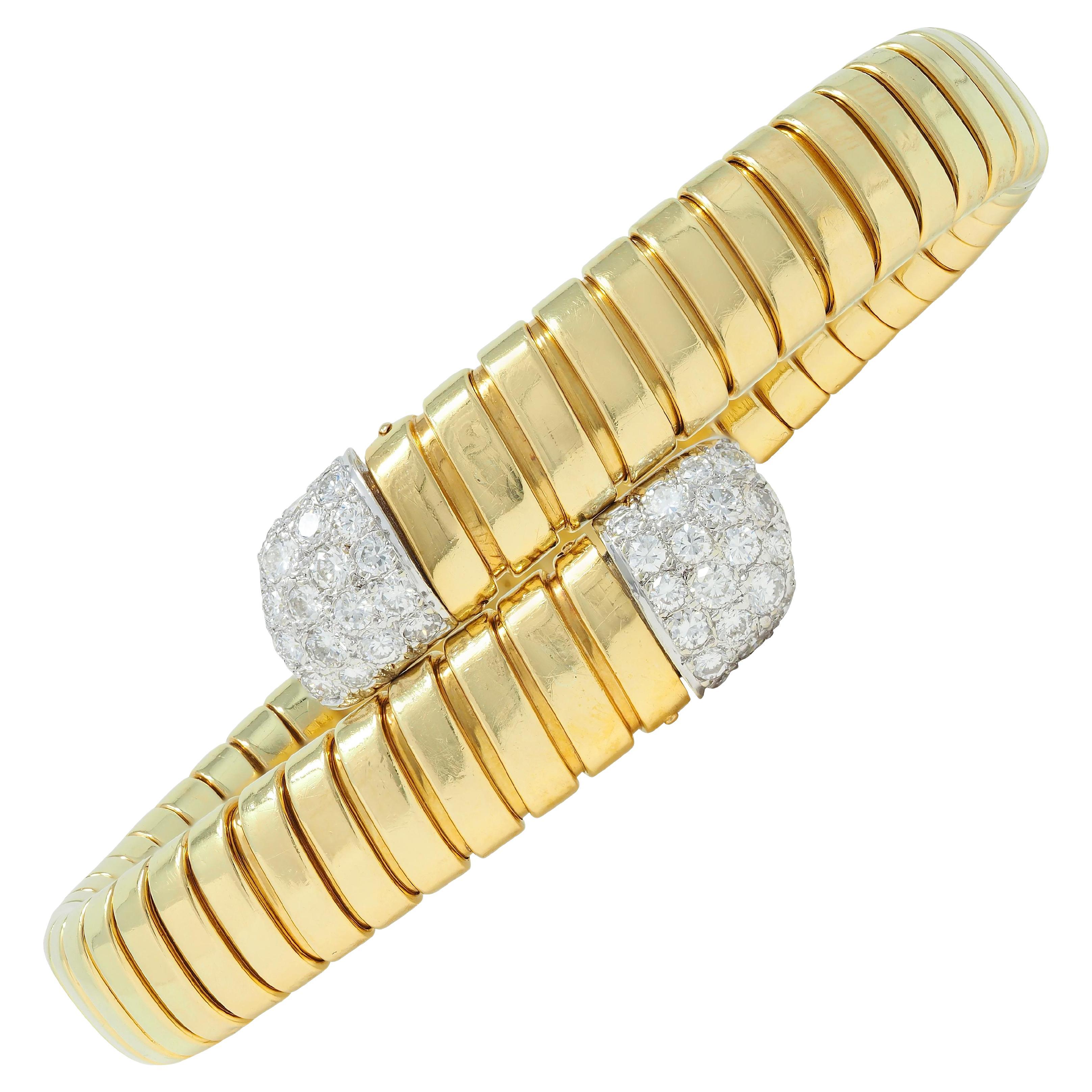Cartier 1960's Diamond Platinum 18 Karat Tubogas Vintage Bypass Cuff Bracelet For Sale