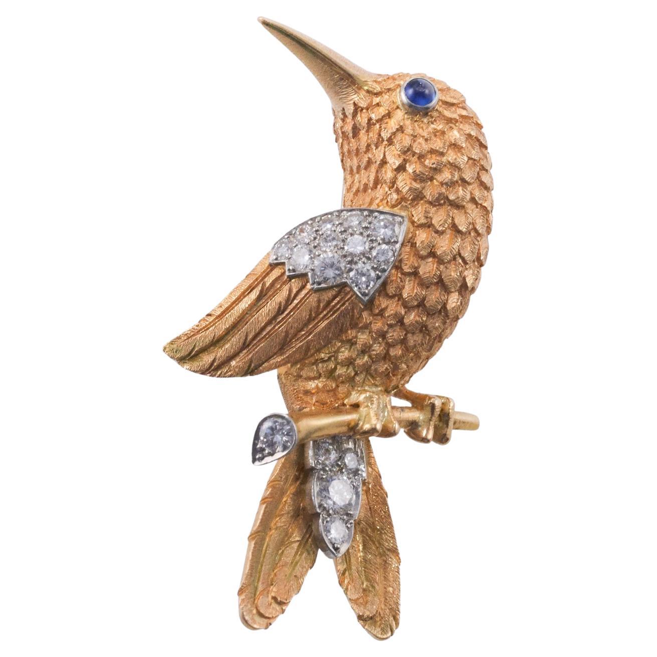 Cartier 1960s Diamond Sapphire Gold Bird Brooch  For Sale