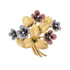Cartier 1960s Emerald Diamond Enamel Gold Flower Brooch