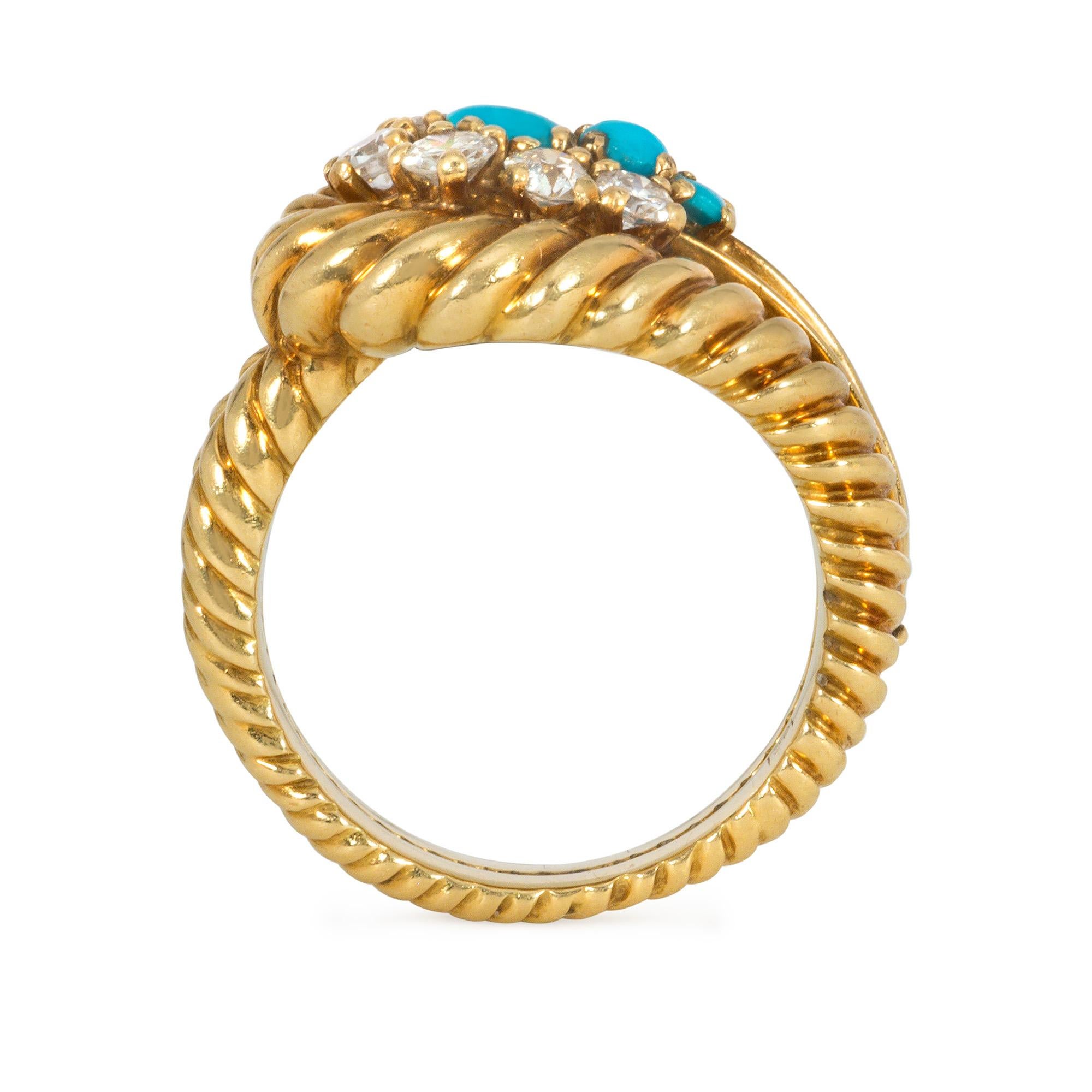 Modern Cartier 1960s Gold, Turquoise, and Diamond Ring of Tapered and Reeded Design For Sale