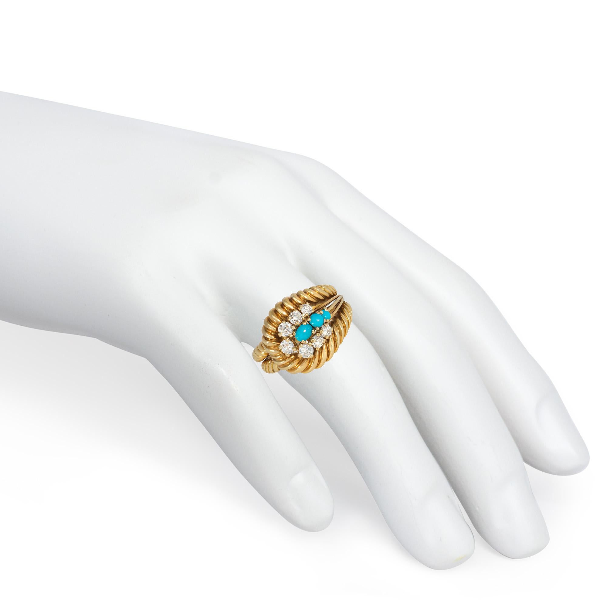 Cartier 1960s Gold, Turquoise, and Diamond Ring of Tapered and Reeded Design In Good Condition For Sale In New York, NY
