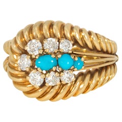 Retro Cartier 1960s Gold, Turquoise, and Diamond Ring of Tapered and Reeded Design