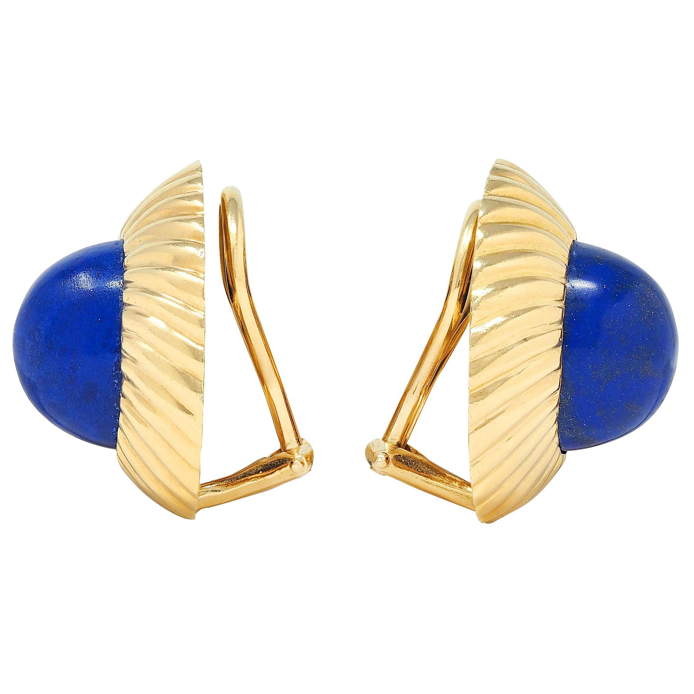 Modern Cartier 1960's Lapis Lazuli 18K Yellow Gold Vintage Radial Ear-Clip Earrings For Sale