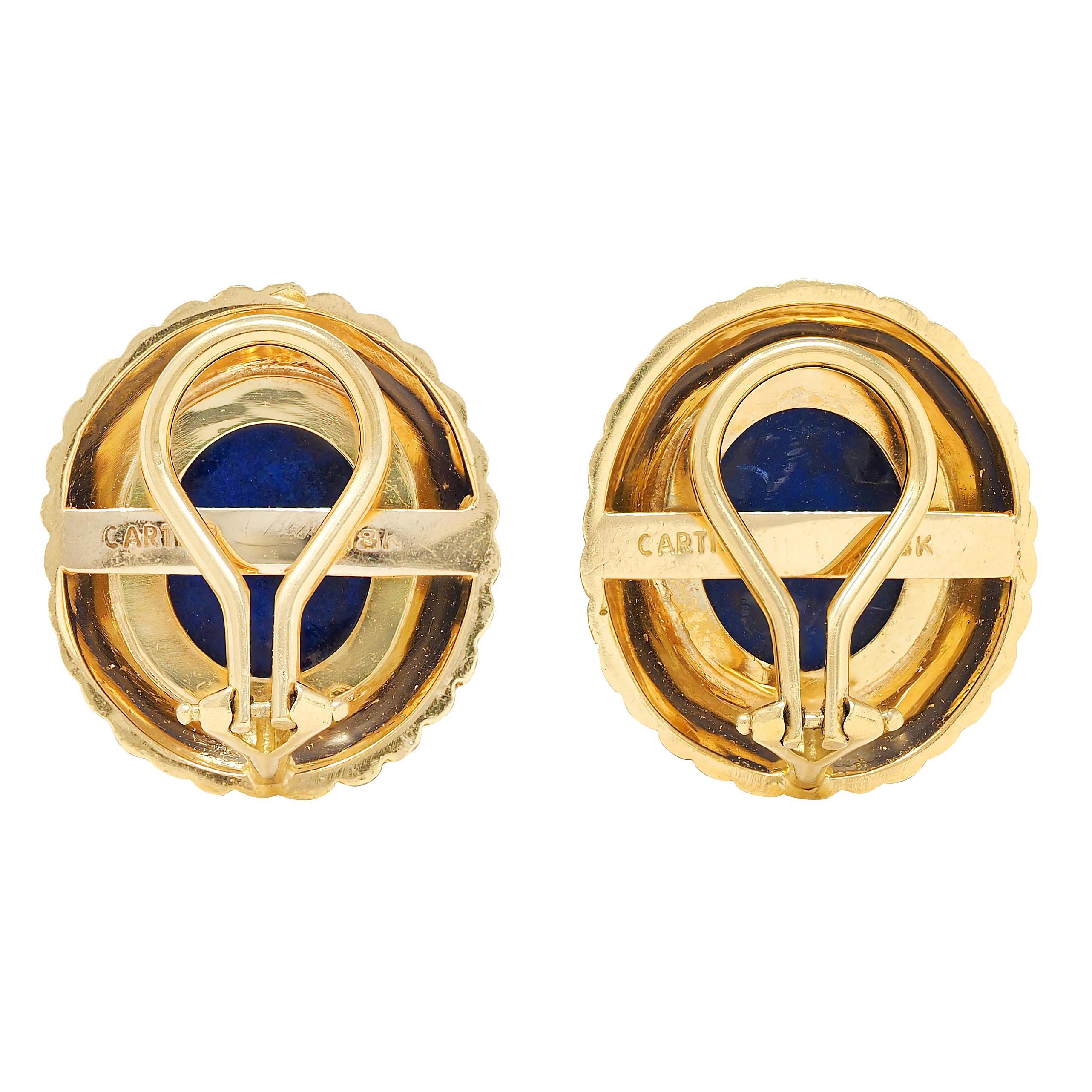 Cabochon Cartier 1960's Lapis Lazuli 18K Yellow Gold Vintage Radial Ear-Clip Earrings For Sale