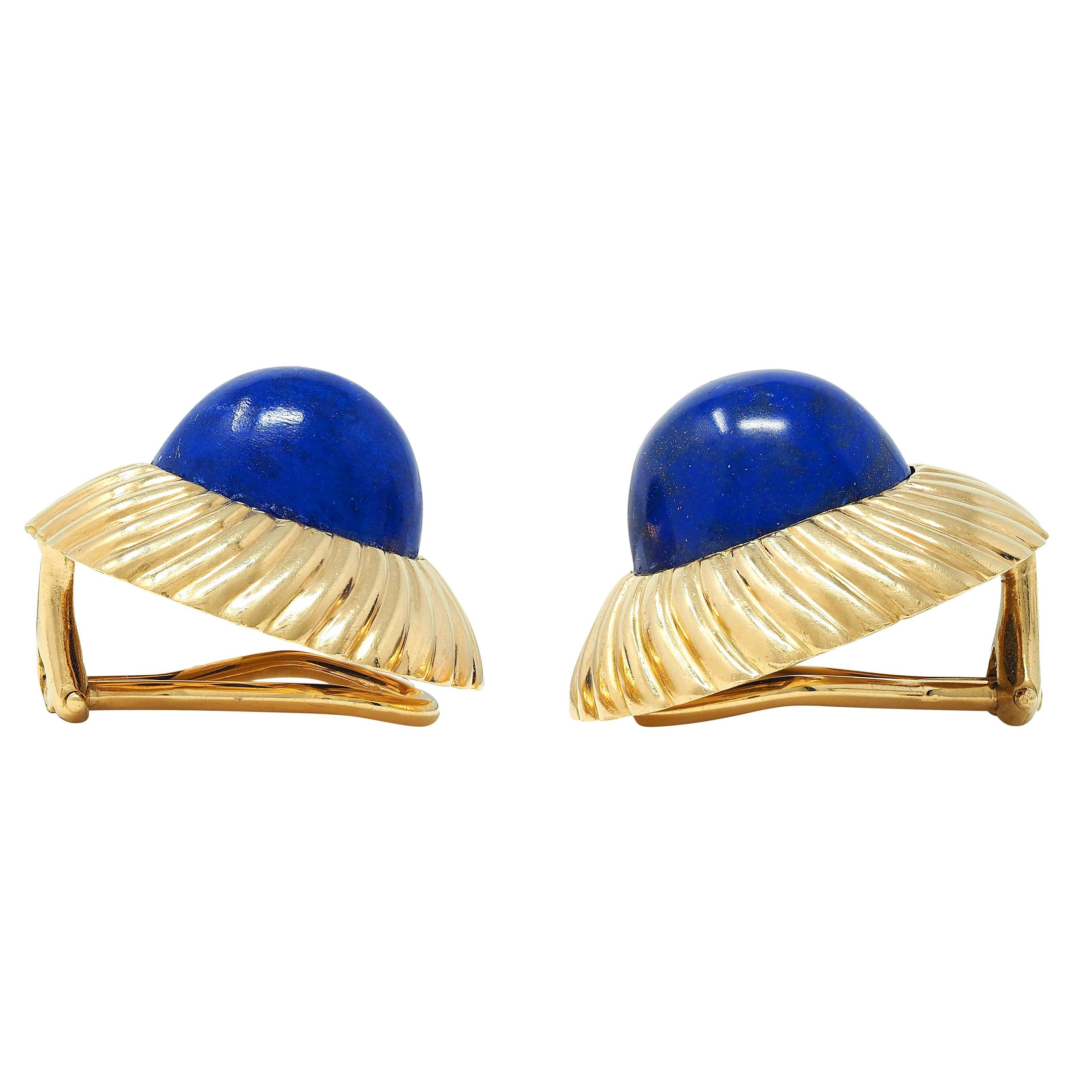 Women's Cartier 1960's Lapis Lazuli 18K Yellow Gold Vintage Radial Ear-Clip Earrings For Sale