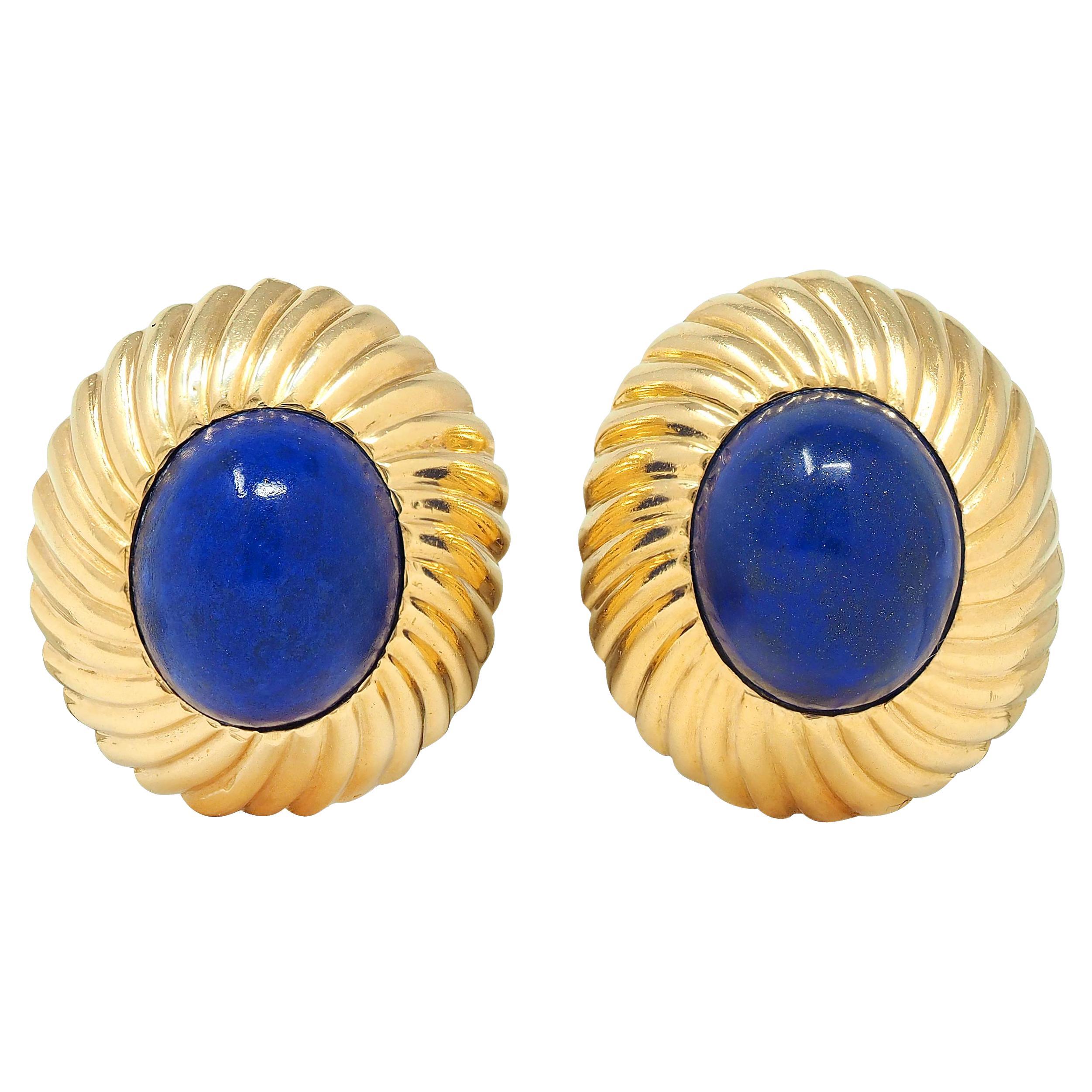 Cartier 1960's Lapis Lazuli 18K Yellow Gold Vintage Radial Ear-Clip Earrings For Sale