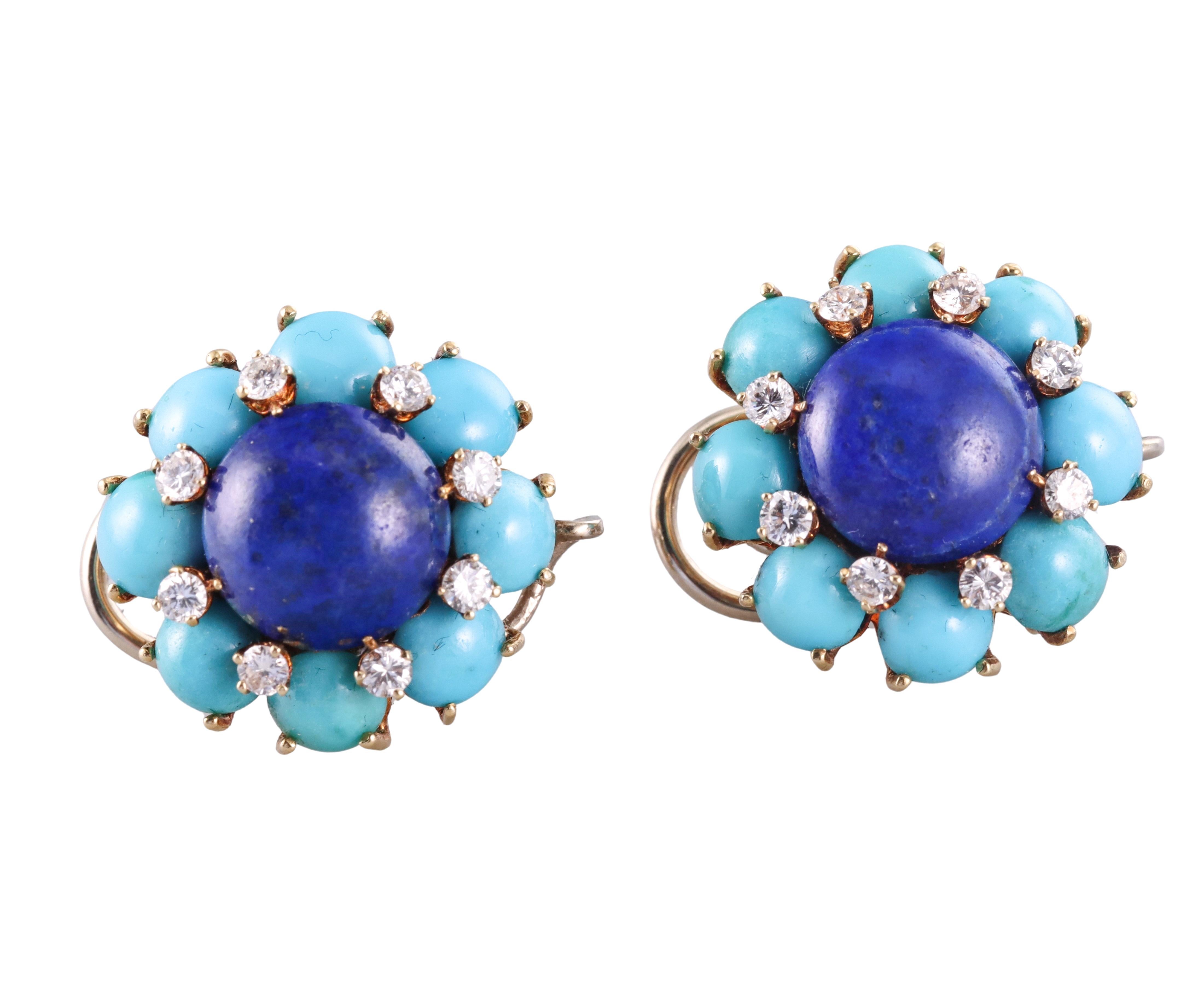 Pair of delicate vintage earrings by Cartier, set in 18k gold, featuring lapis lazuli in the center, surrounded with turquoise and a total of approximately 0.70ctw G/VS diamonds. Earrings measure 0.75
