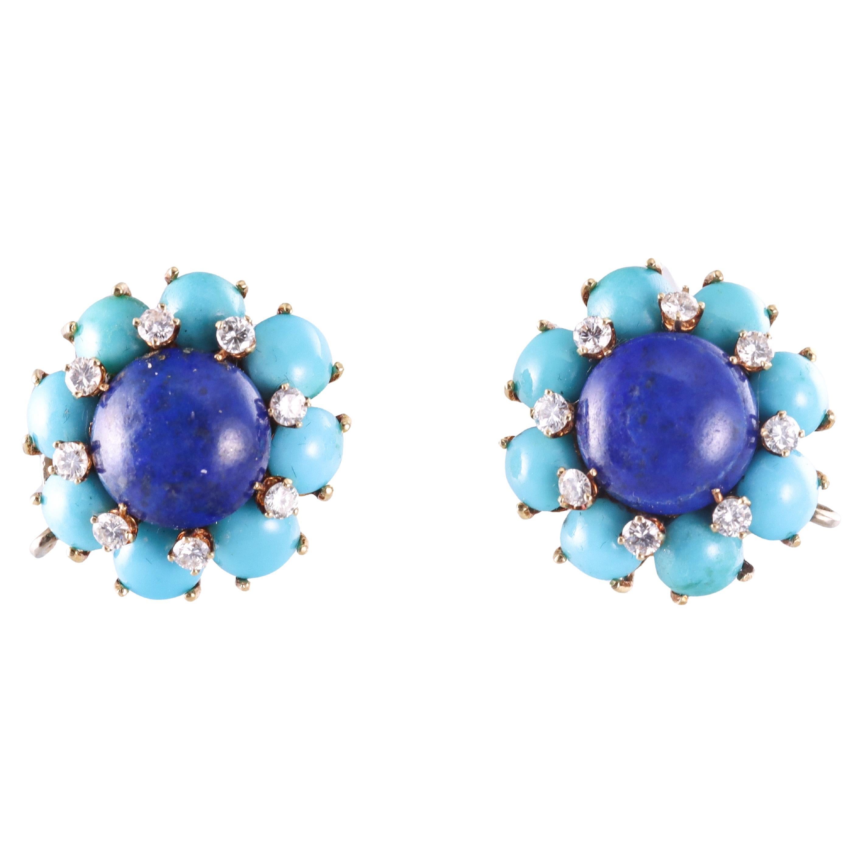 Cartier 1960s Lapis Lazuli Turquoise Diamond Gold Earrings For Sale