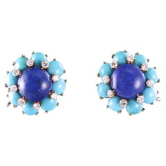 Cartier 1960s Lapis Lazuli Turquoise Diamond Gold Earrings