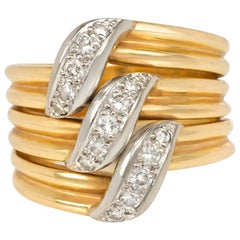 Cartier 1960s Three-Row Gold and Diamond Band Ring of Reeded Stacked Design