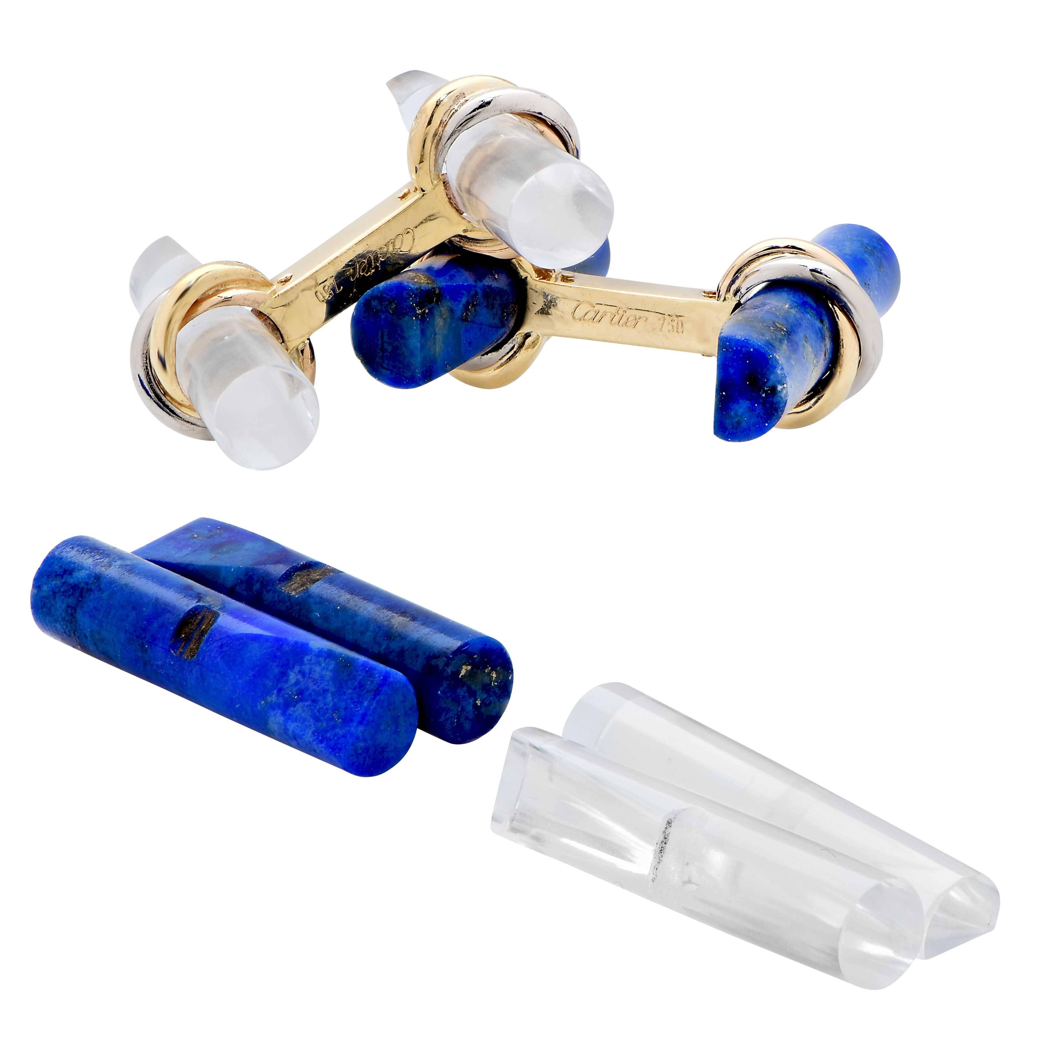 Cartier Trinity 1960's 18 Karat Yellow Gold Cuff Links with interchangeable bars and accessory kits. These cuff links were originally purchased without the accessory kit and the kit containing four sets, Lapis Lazuli, Malachite, Rock Chrystal, and
