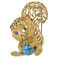 Cartier 1960s Turquoise Diamond Ruby Sapphire Gold Squirrel Brooch