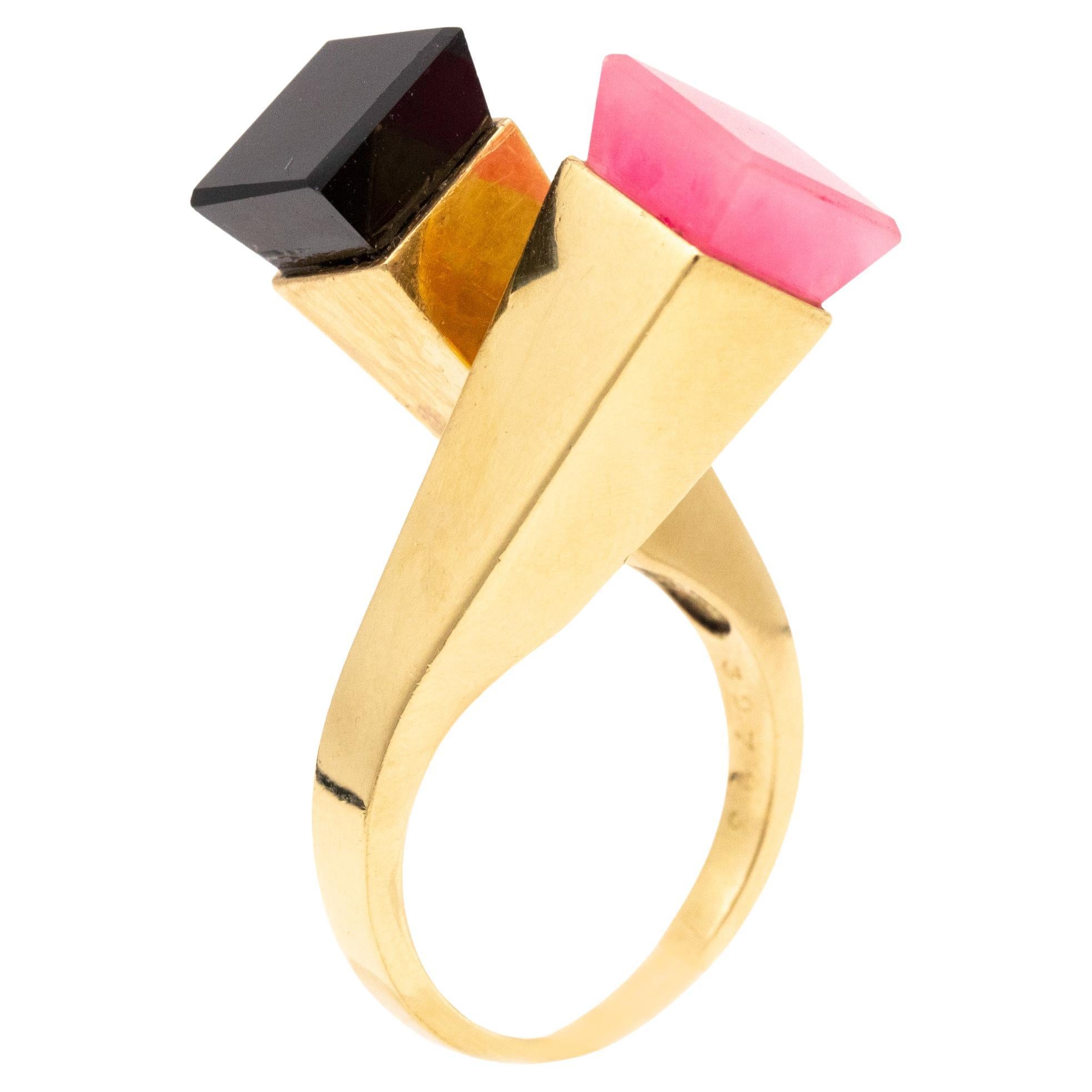 Cartier 1970 Aldo Cipullo Geometric Toi Et Moi Ring in 18Kt Gold with Gemstones For Sale