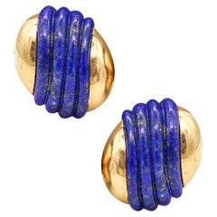 Cartier 1970 Clips-on Earrings In 18Kt Yellow Gold And Fluted Lapis Lazuli