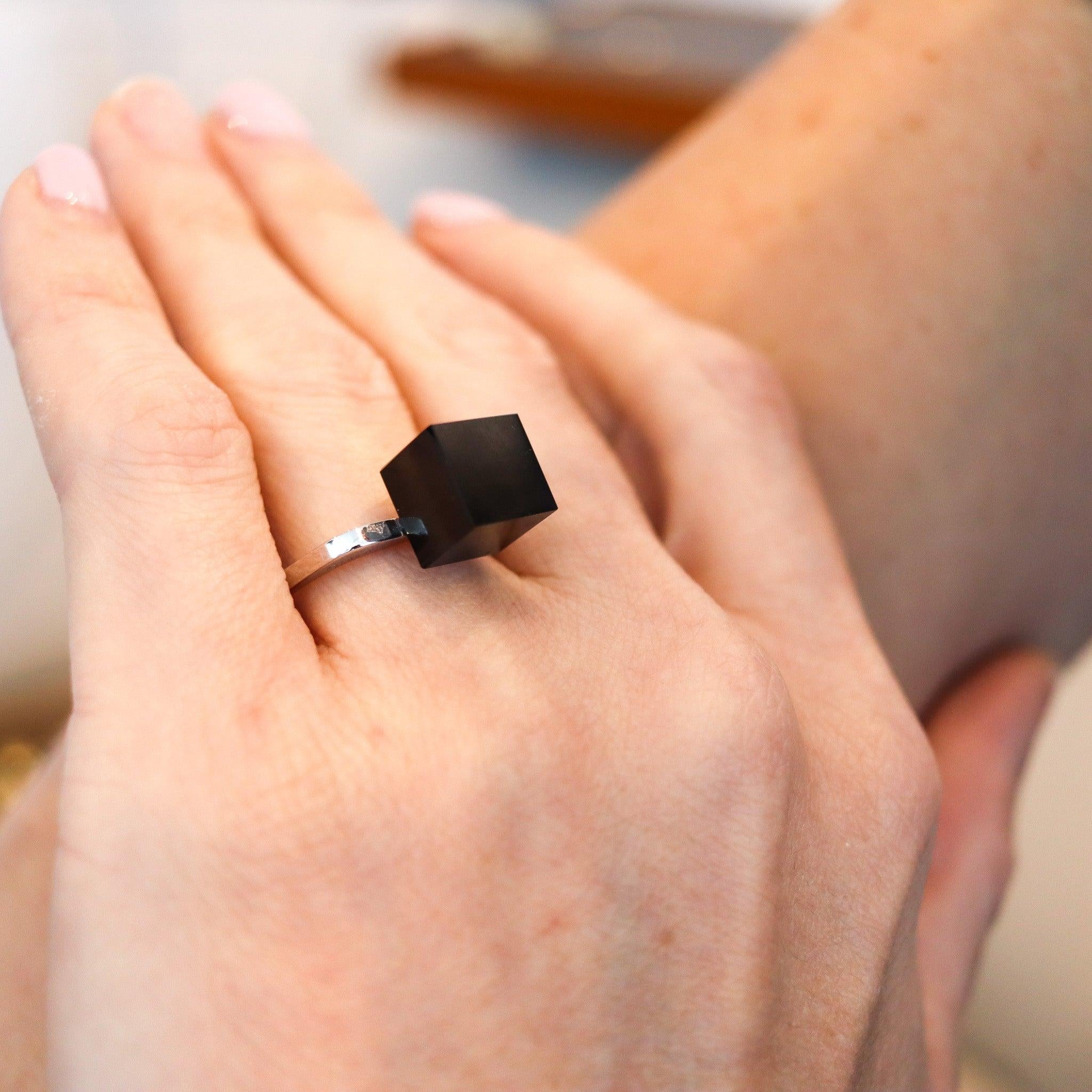 Geometric ring designed by Dinh Van for Cartier.

This is a very rare ring, created back in the late 1960's by the artist jeweler Jean Dinh Van for the jewelry house of Cartier. The sculptural geometric ring has been crafted in solid white gold of