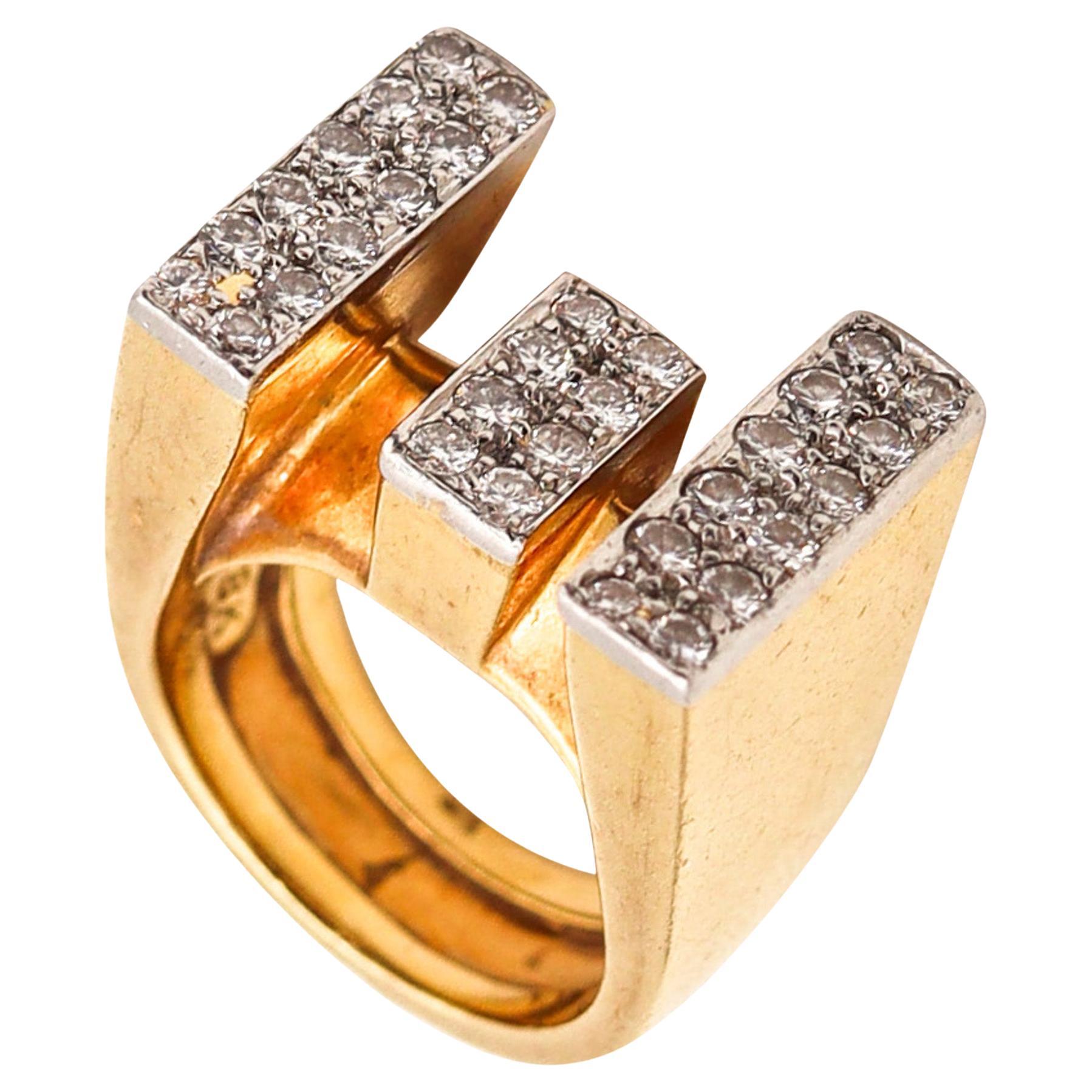 Cartier 1970 Geometric Cocktail Ring In 18Kt Yellow Gold With 1.60 Ctw Diamond For Sale
