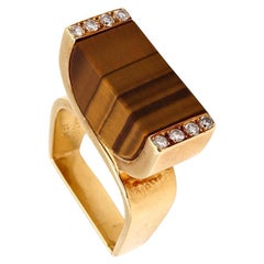 Vintage Cartier 1970 Geometric Ring in 18Kt Gold with VS Diamonds and Tiger Eye Quartz