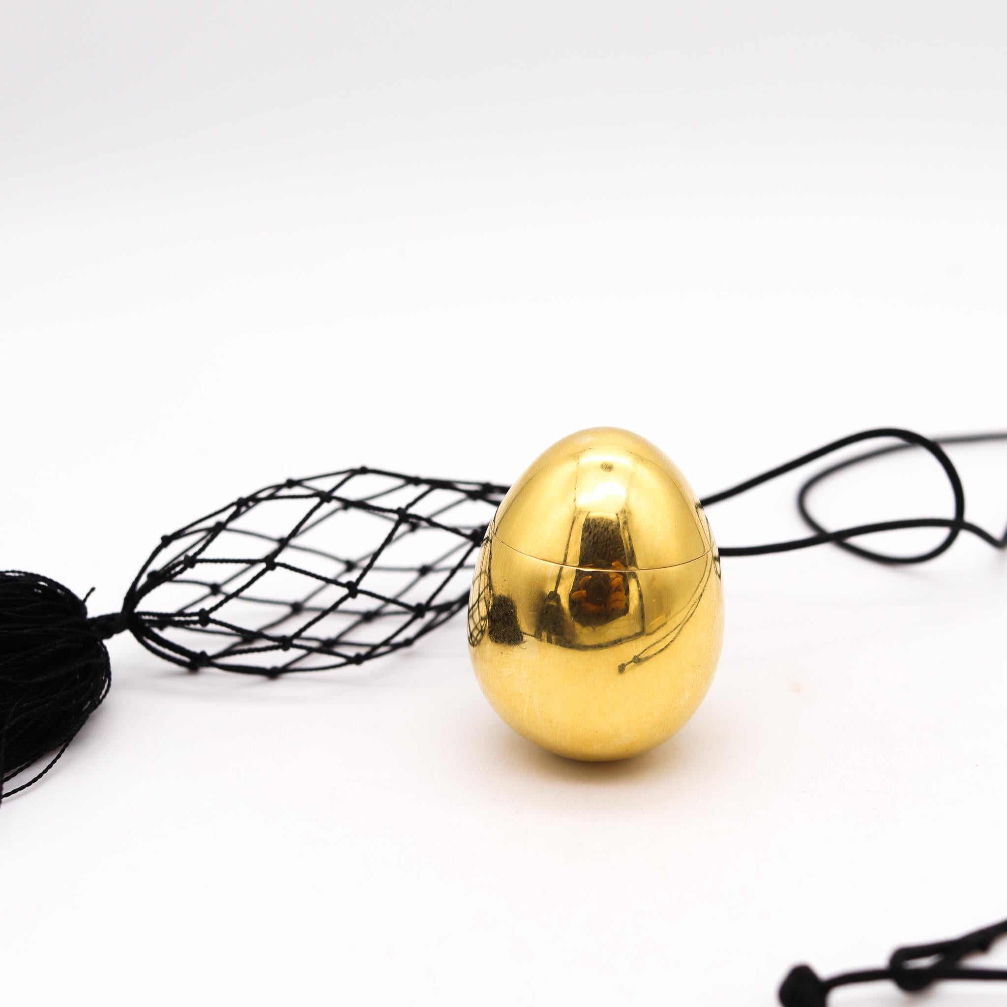 Modernist Cartier 1970 London Easter Egg Box Sautoir Necklace in 18kt Gold & Black Silk For Sale