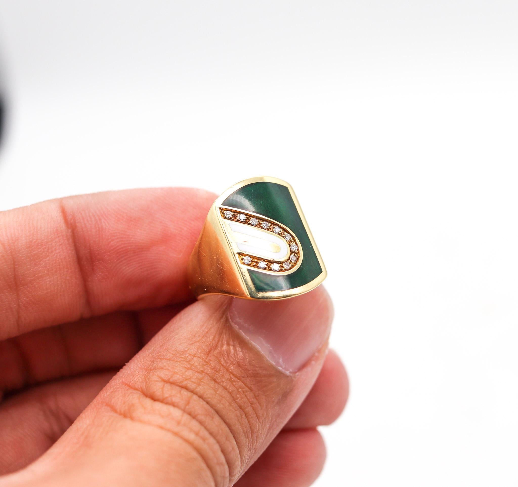 Brilliant Cut Cartier 1970 Modernist Enameled Signet Ring in 18 Karat Gold with Diamonds For Sale