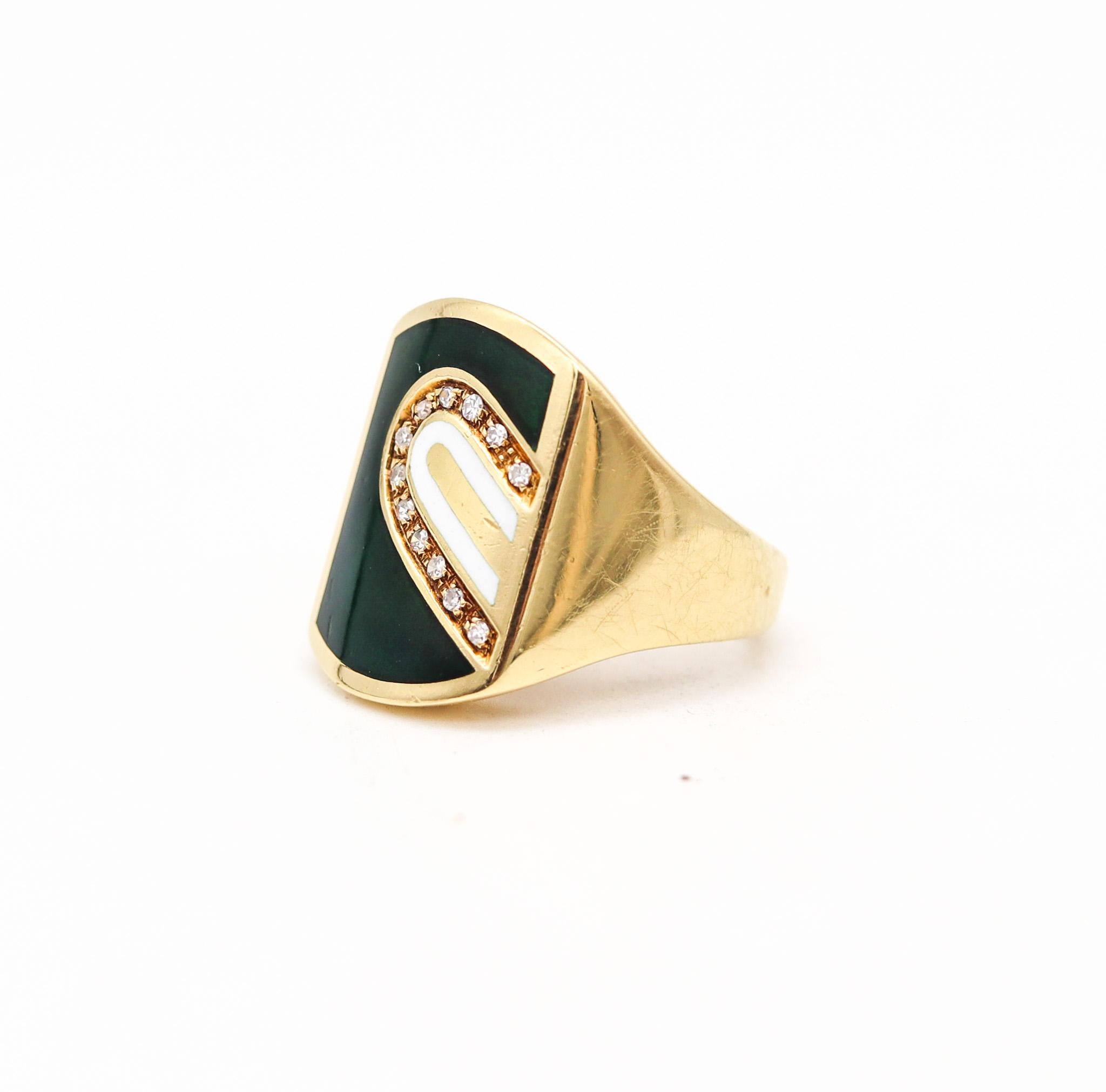 Women's or Men's Cartier 1970 Modernist Enameled Signet Ring in 18 Karat Gold with Diamonds