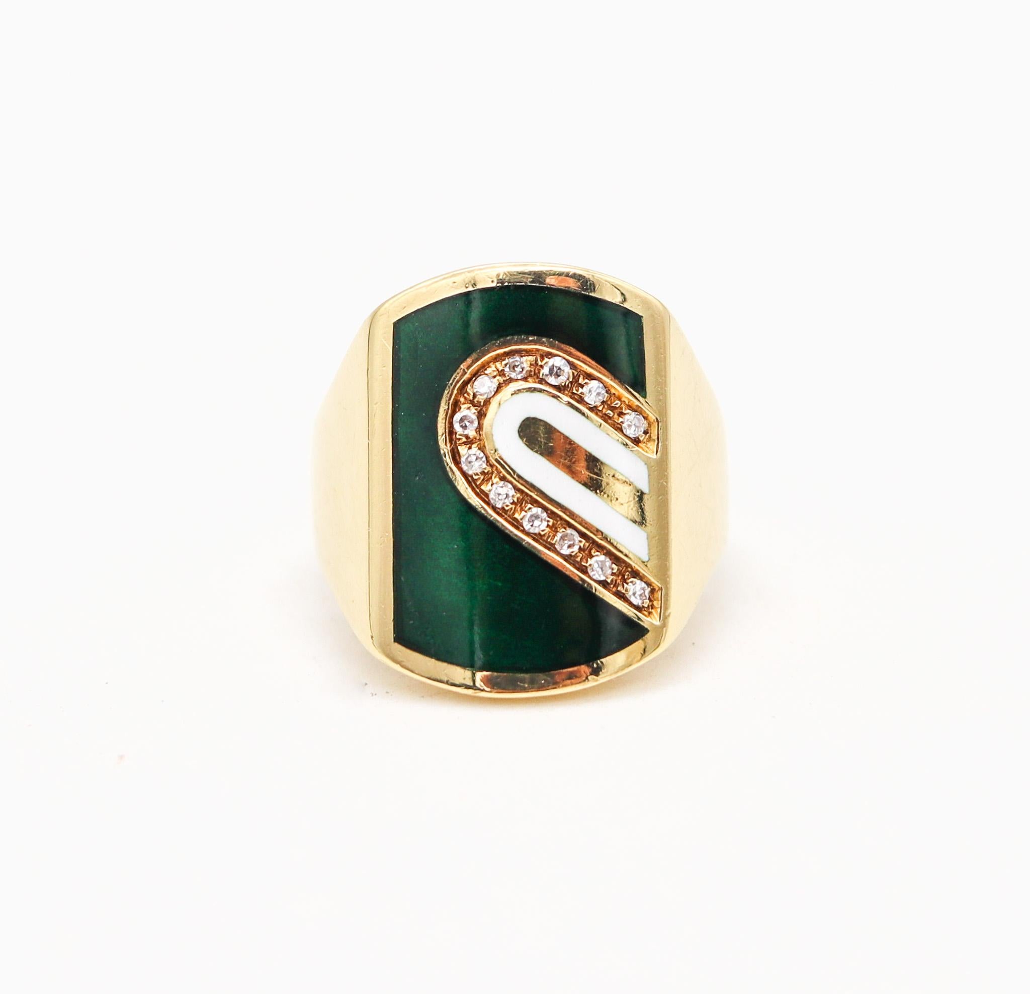 Cartier 1970 Modernist Enameled Signet Ring in 18 Karat Gold with Diamonds For Sale 2
