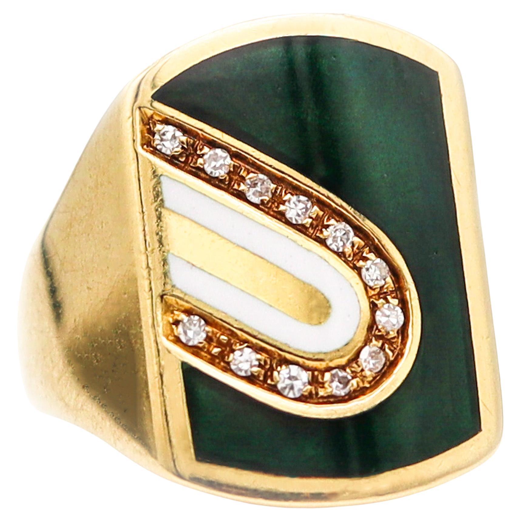 Cartier 1970 Modernist Enameled Signet Ring in 18 Karat Gold with Diamonds For Sale