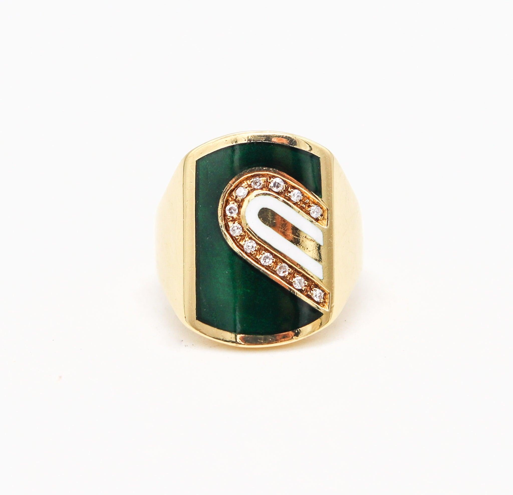 CARTIER 1970 Anillo de sello modernista esmaltado en oro amarillo de 18 quilates con diamantes Modernista en venta