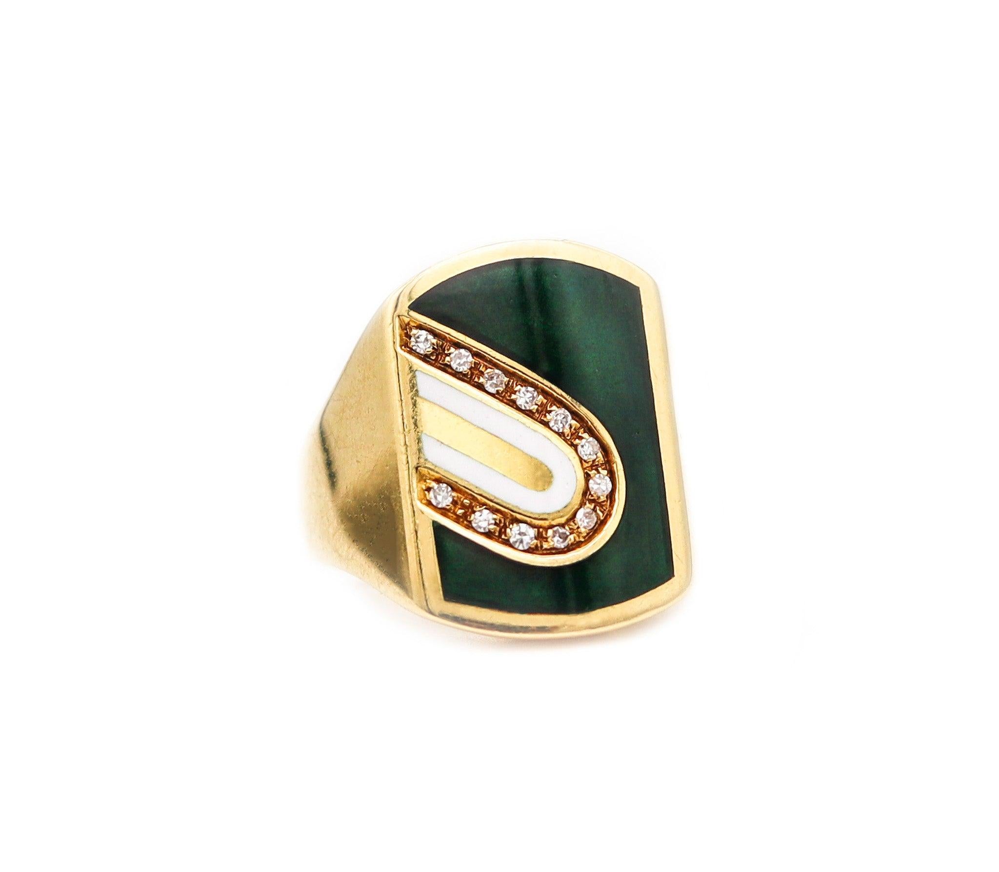 CARTIER 1970 Anillo de sello modernista esmaltado en oro amarillo de 18 quilates con diamantes Corte brillante en venta