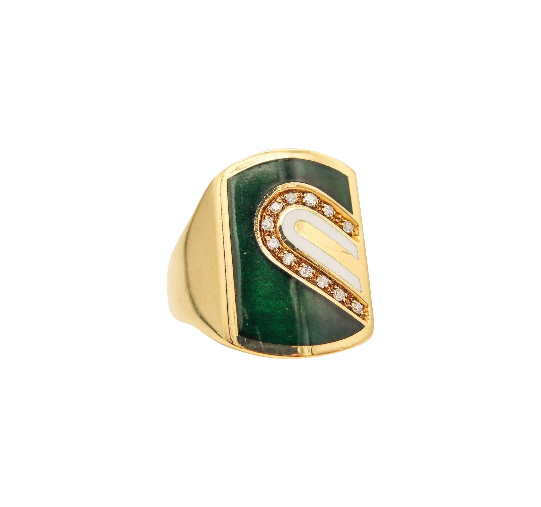 De las mujeres CARTIER 1970 Anillo de sello modernista esmaltado en oro amarillo de 18 quilates con diamantes en venta