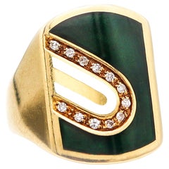 CARTIER 1970 Modernist Enameled Signet Ring In 18Kt Yellow Gold With Diamonds