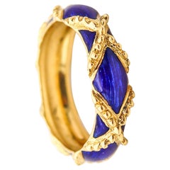Cartier 1970 Anello Modernista a Fascia Smaltato Blu Navy in Oro Giallo 18Kt