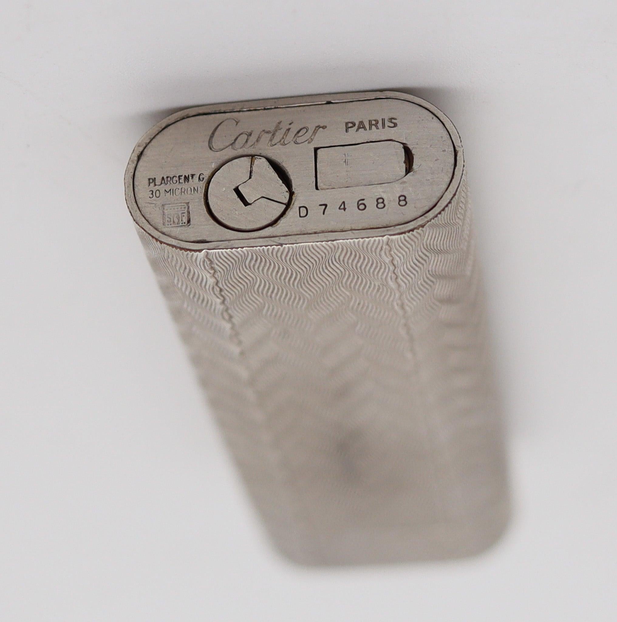 French CARTIER 1970 Paris Guilloché Pocket Butane Gas Lighter In Plaqué d'Argent For Sale