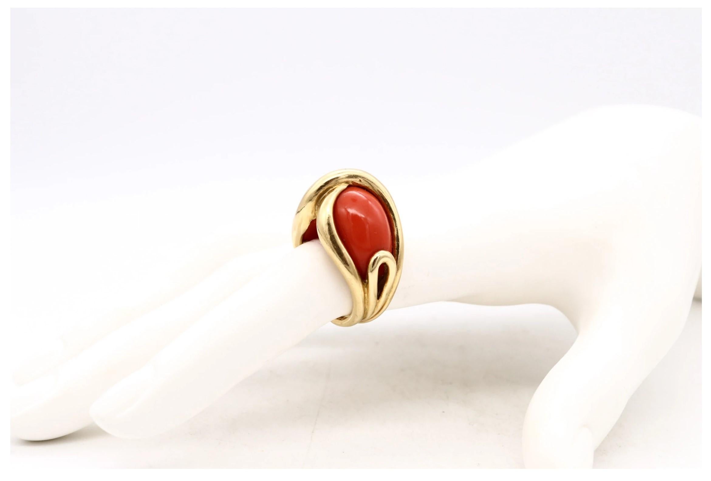 Women's Cartier 1970 Paris Rare Cocktail Ring 18Kt Yellow Gold with Red Coral Cabochons For Sale