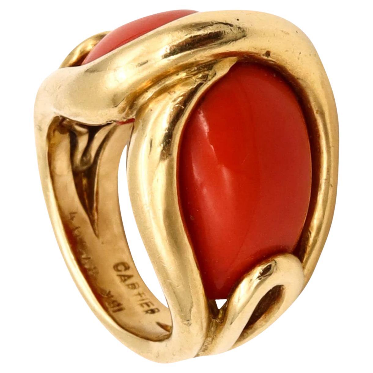 Cartier 1970 Paris Rare Cocktail Ring 18Kt Yellow Gold with Red Coral Cabochons