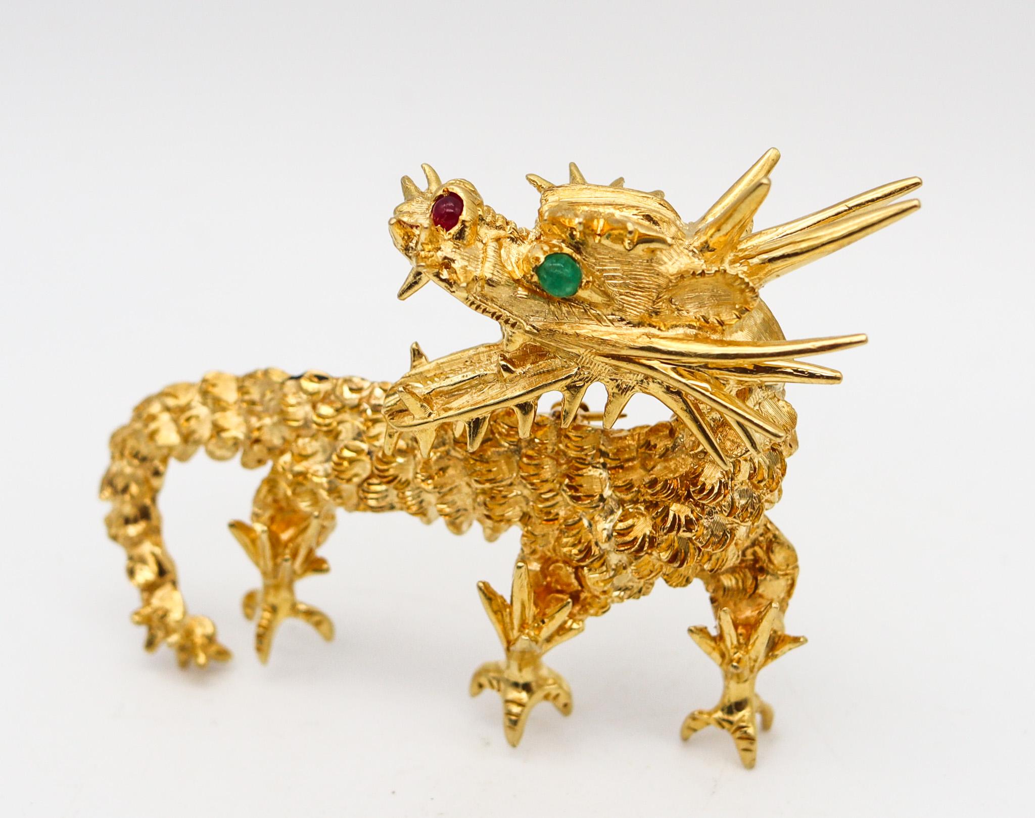 Sculpted dragon brooch designed by Cartier.

This is an exceptional brooch, created by the iconic jewelry house of Cartier, back in the 1970. This brooch was carefully sculpted in three dimensions in the shape of a mythical dragon. Has been crafted