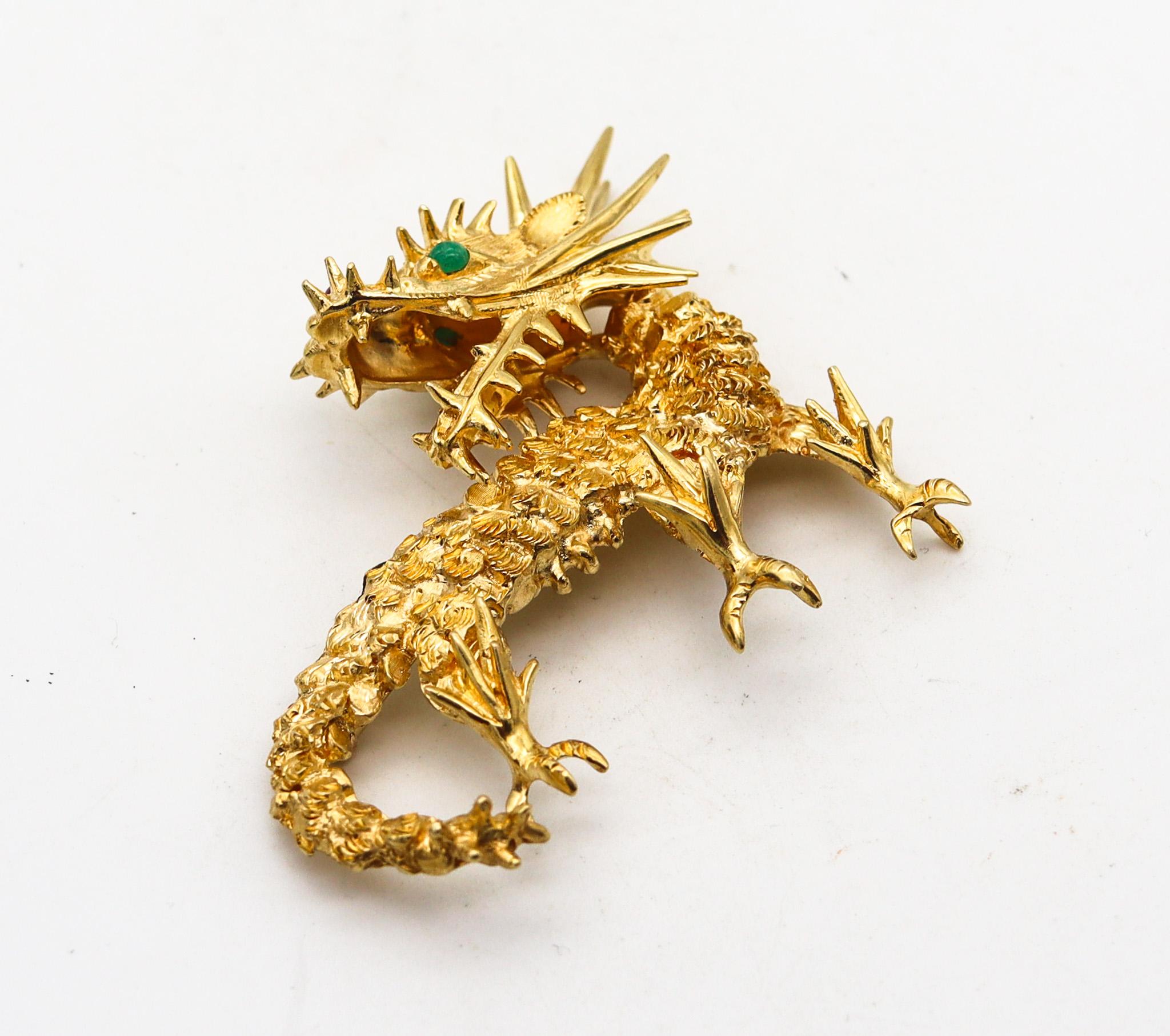 Modernist Cartier 1970 Sculpted Dragon Brooch In 18Kt Yellow Gold With Rubies And Emerald For Sale