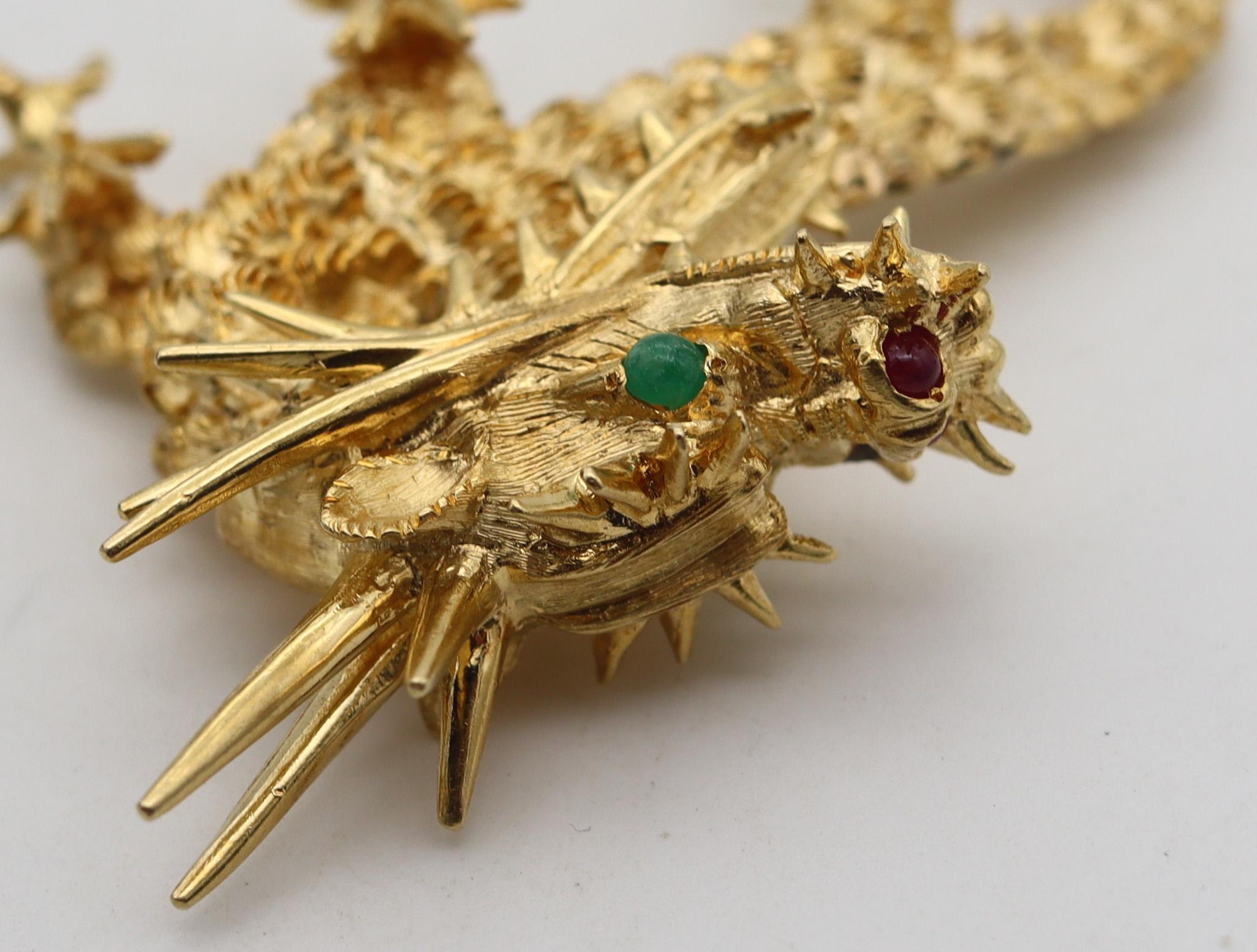 Cabochon Cartier 1970 Sculpted Dragon Brooch In 18Kt Yellow Gold With Rubies And Emerald For Sale