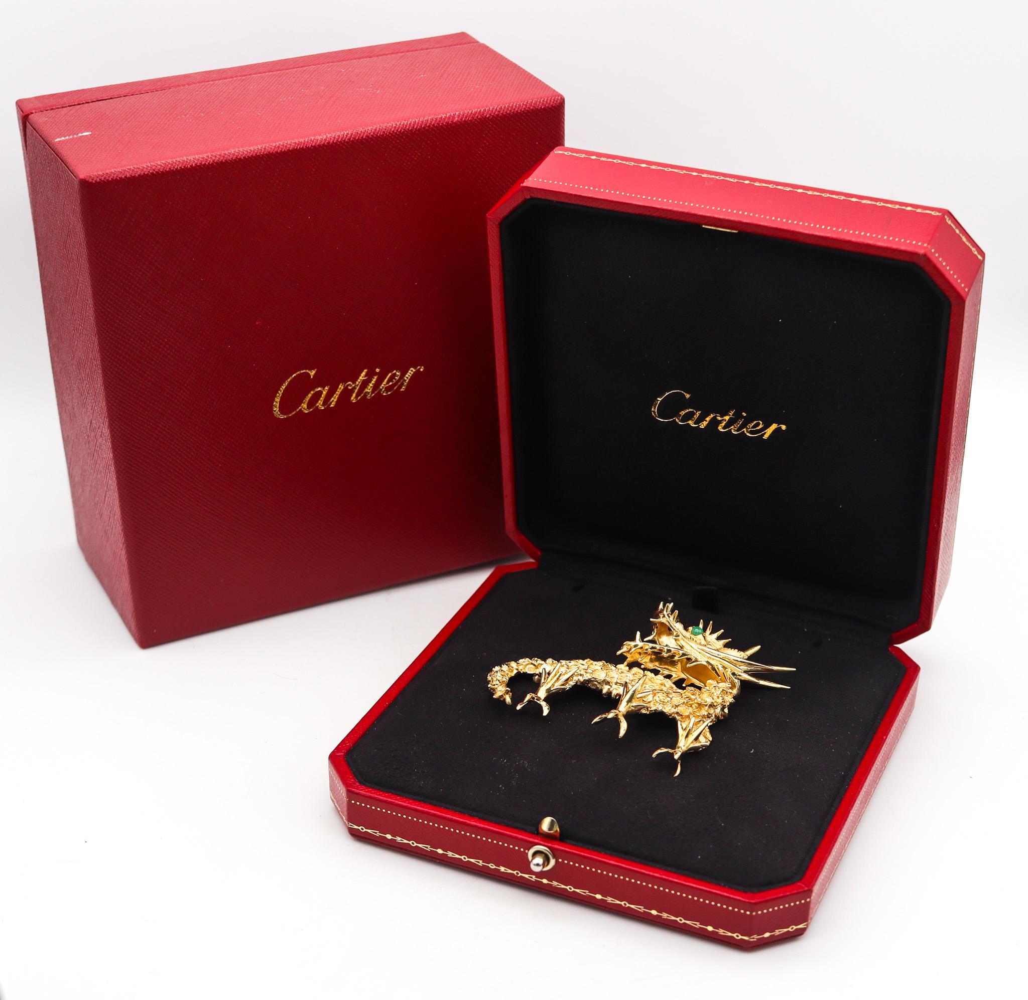 Women's or Men's Cartier 1970 Sculpted Dragon Brooch In 18Kt Yellow Gold With Rubies And Emerald For Sale