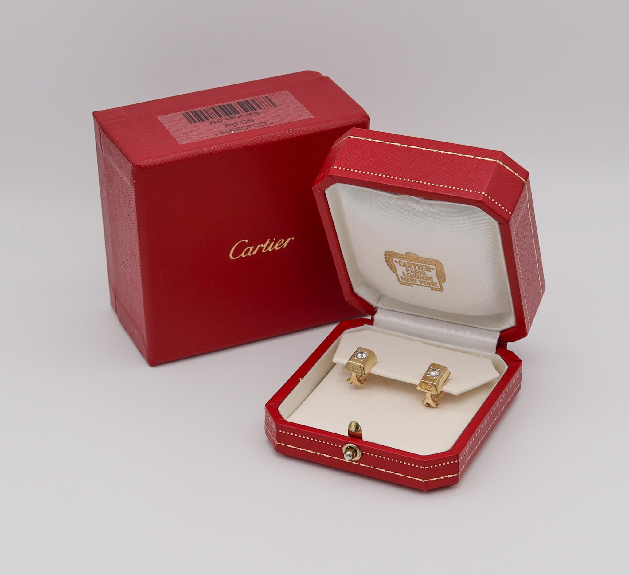 Modernist Cartier 1970 Vintage 1/8 Oz Ingots Earrings in 18Kt Yellow Gold with VVS Diamond For Sale