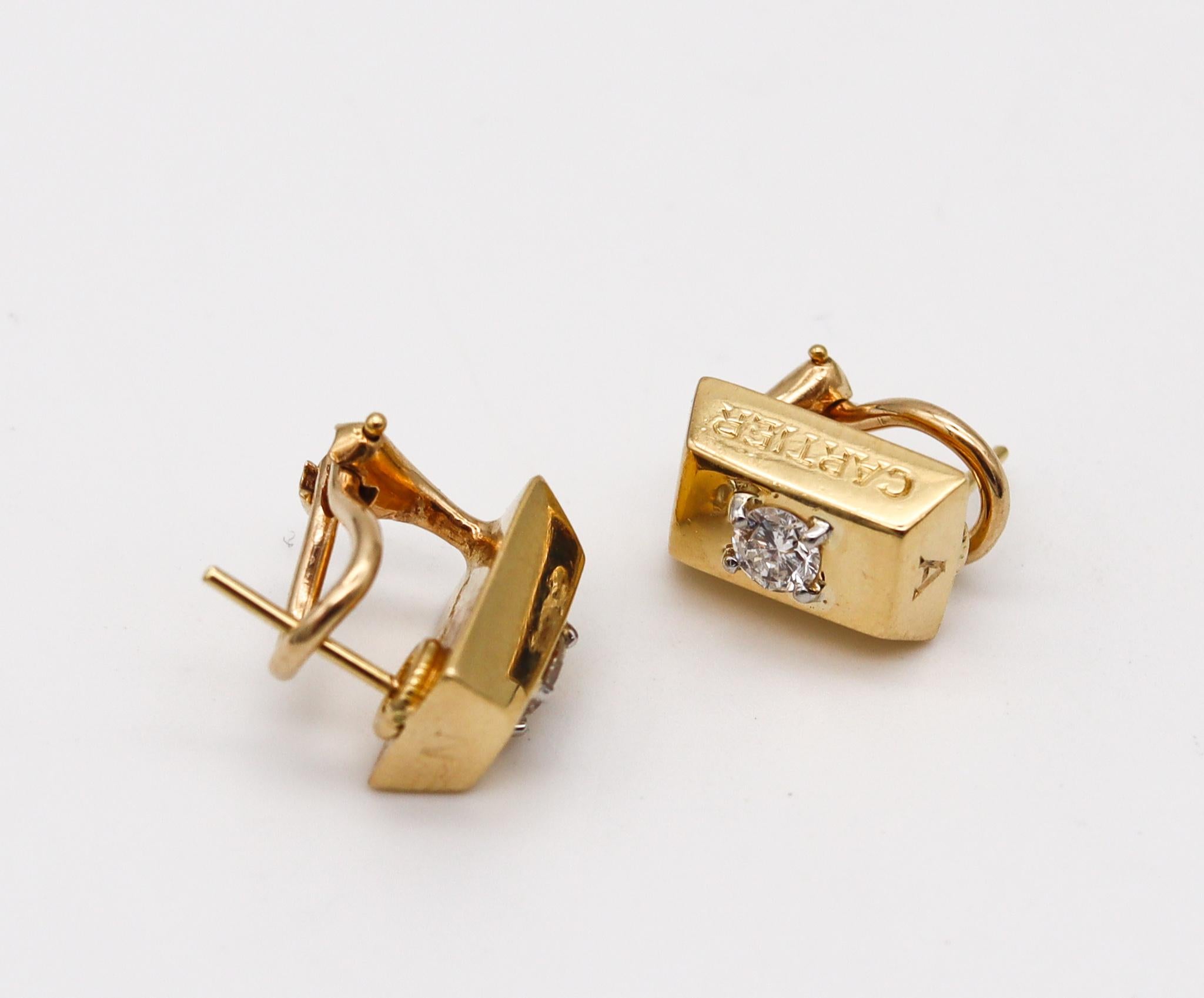 Brilliant Cut Cartier 1970 Vintage 1/8 Oz Ingots Earrings in 18Kt Yellow Gold with VVS Diamond For Sale