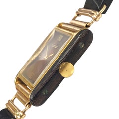 Cartier 1970 Wood Case and Dial Wrist Watch on a Solid Gold and Wood Bracelet