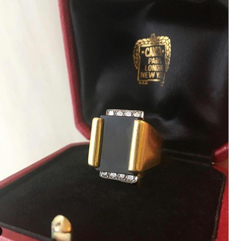 Women's or Men's Cartier 1970s Gold Onyx Diamond Plaque Ring