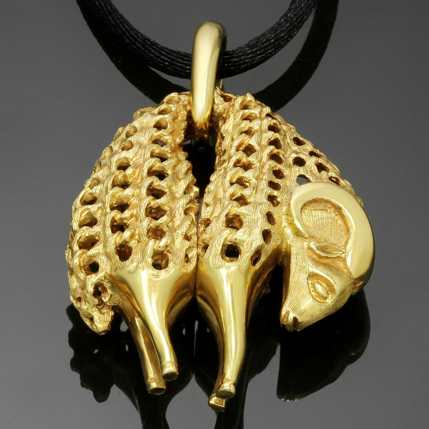 This rare and collectible Cartier pendant features a ram design crafted in 18k textured yellow gold. This design is inspired by the ancient Greek myth of the golden fleece made from a golden ram that saved a prince from being sacrificed, a symbol of