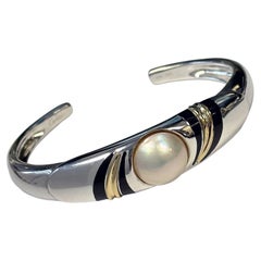 Cartier 1970s Sterling Gold Enamel and Pearl Cuff Bracelet