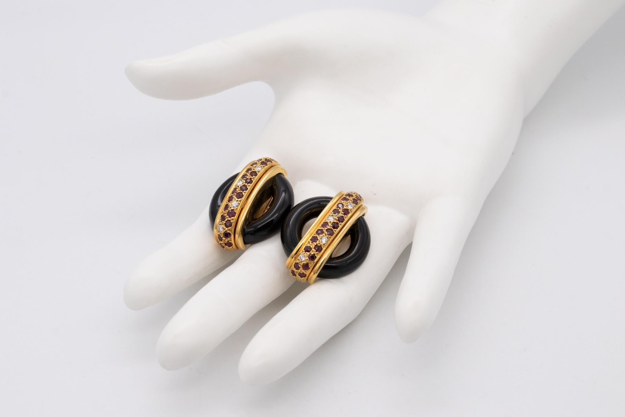 Modernist Cartier 1974 Aldo Cipullo Clip Earrings 18Kt Gold with 2.95 Ctw Diamonds Rubies