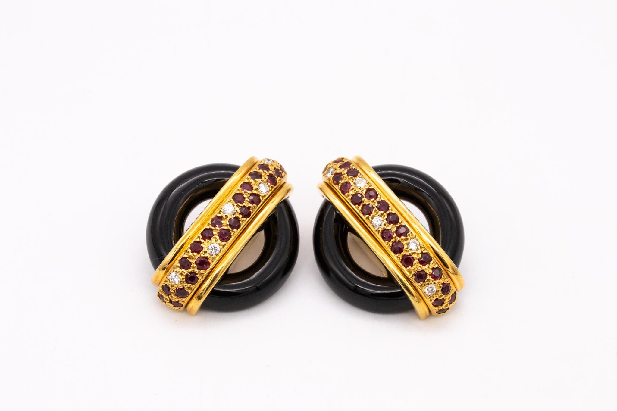 Women's or Men's Cartier 1974 Aldo Cipullo Clip Earrings 18Kt Gold with 2.95 Ctw Diamonds Rubies