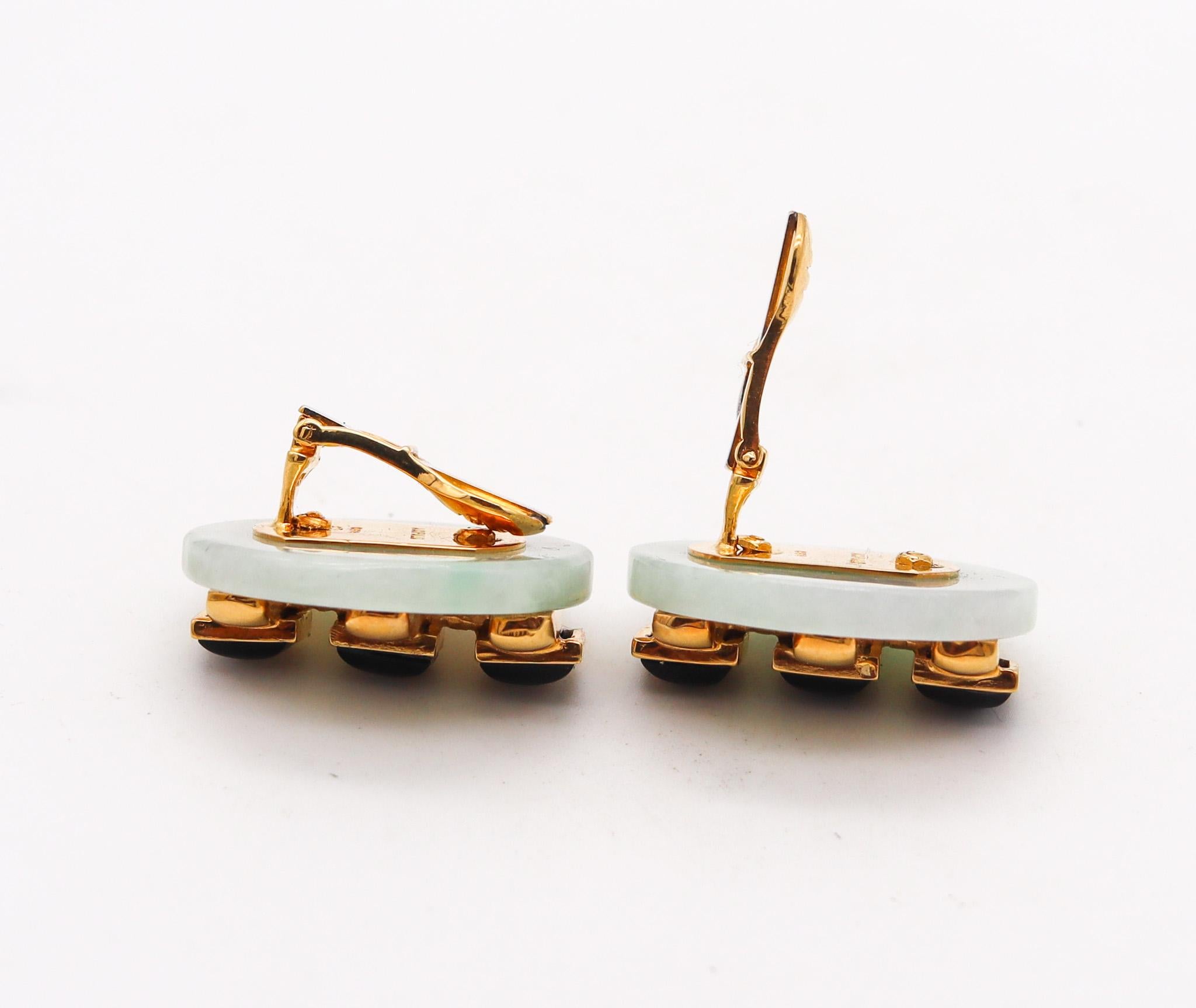 Modernist Cartier 1974 Aldo Cipullo Earrings In 18Kt Yellow Gold With Green & Black Jade For Sale