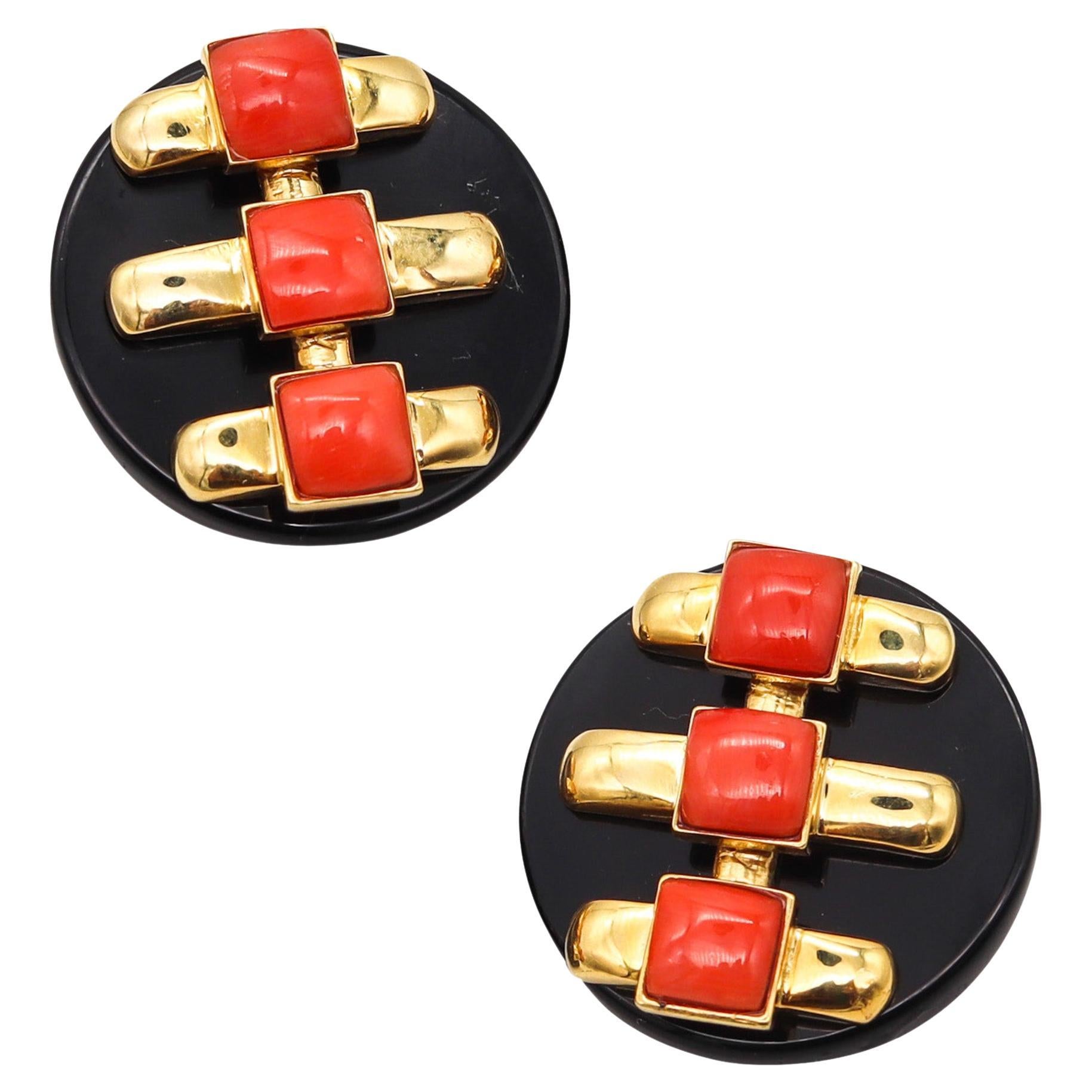 Cartier 1974 Aldo Cipullo Geometric Earrings 18Kt Yellow Gold With Onyx & Coral For Sale